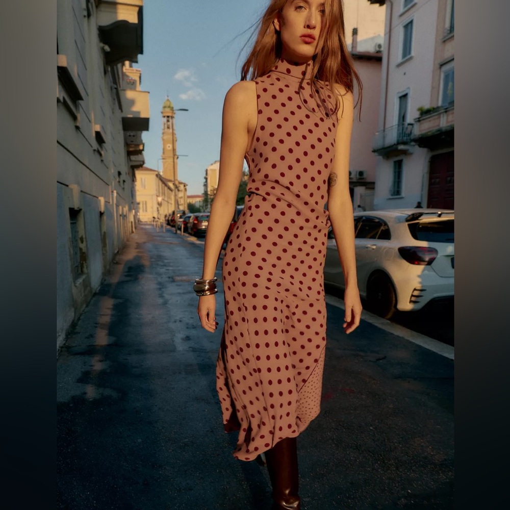 Zara Pink Polka Dot Midi Dress